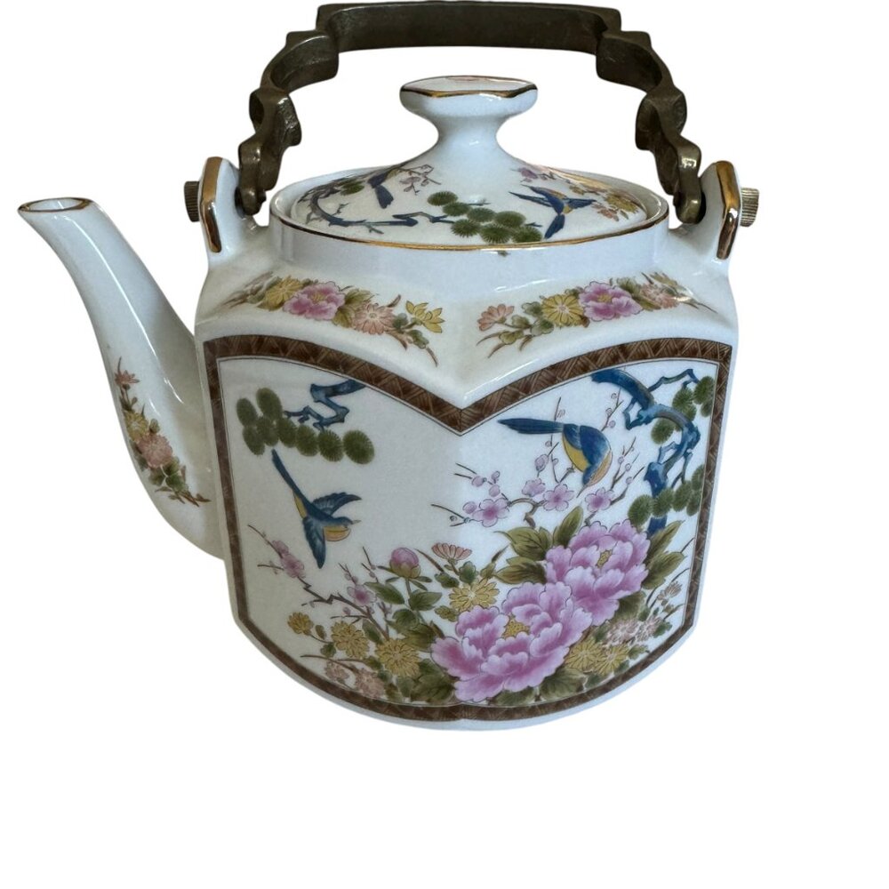Vtg Homco Japanese Porcelain Tea Pot Hexagonal Kutani Bird Brass Handle 6" Asian
